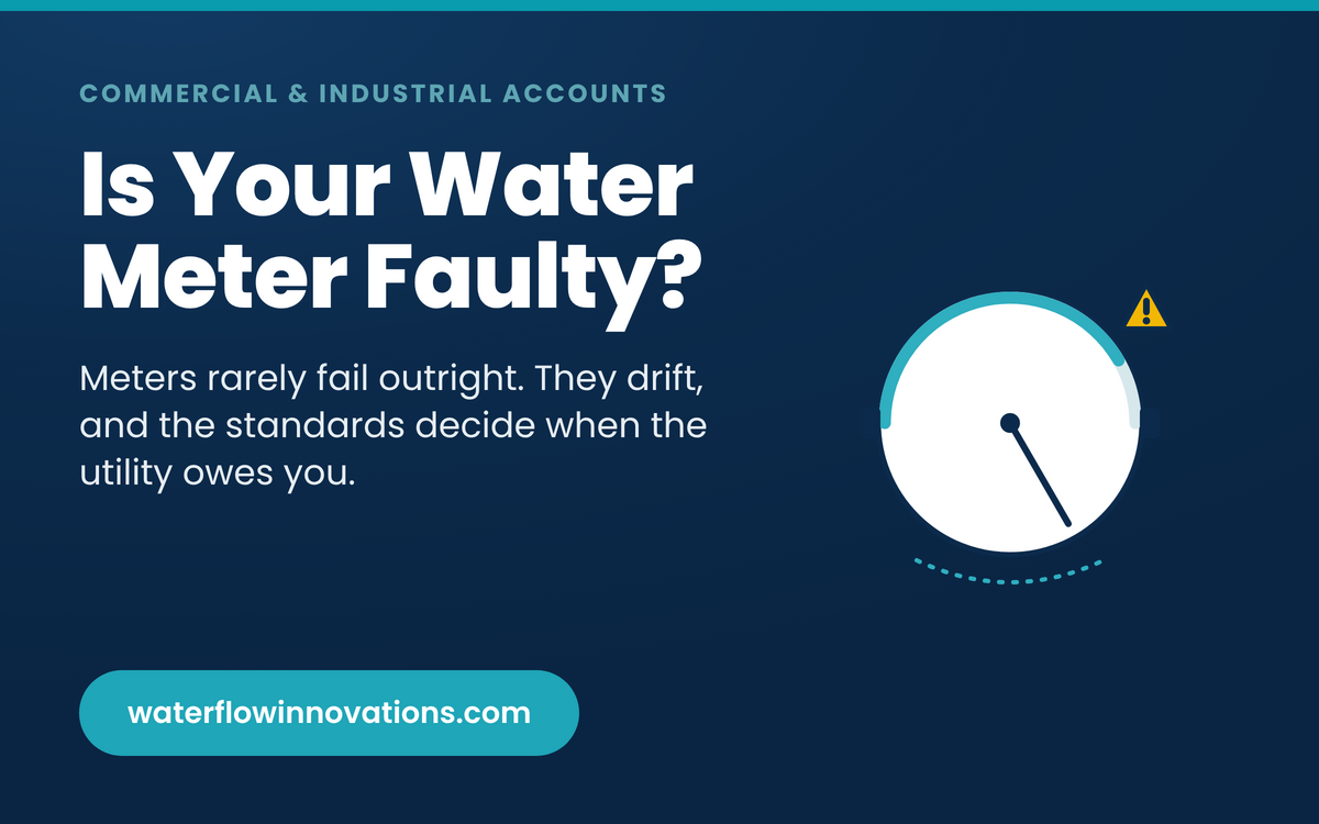Illustration of a possibly faulty commercial water meter: a meter dial with a warning mark.