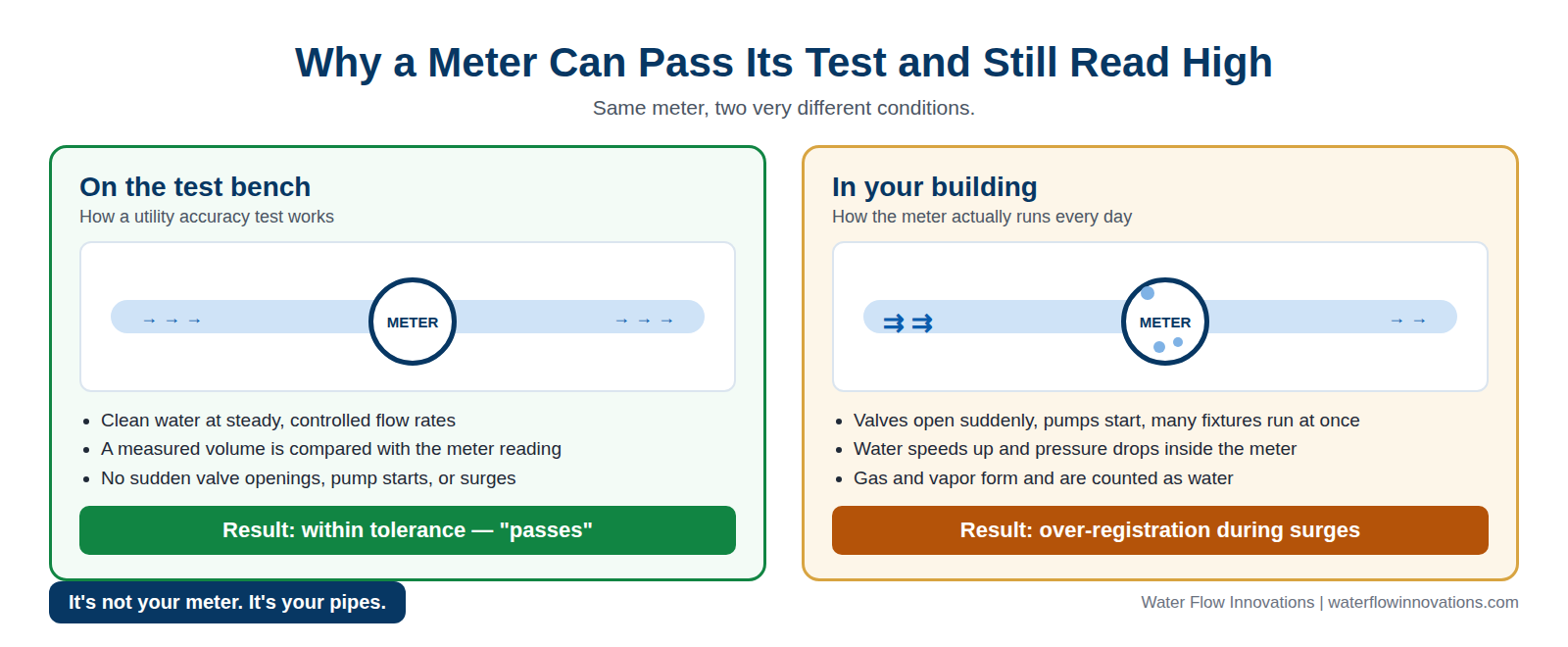 Infographic comparing a water meter on a test bench, with clean water at steady flow that passes within tolerance, with the same meter in a building, where sudden demand surges drop pressure inside the meter so gas and vapor form and are counted as water.