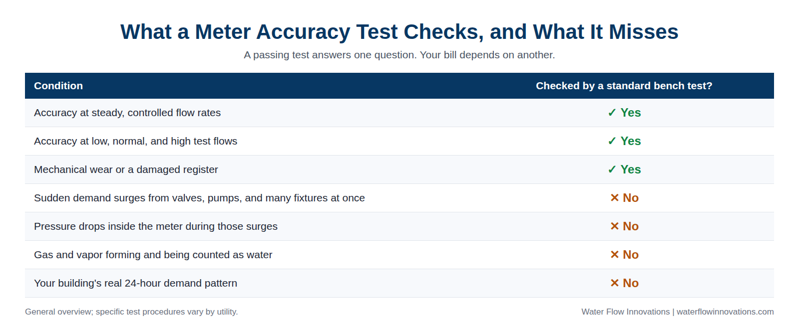 Table showing what a standard meter accuracy test checks, such as accuracy at steady flow and mechanical wear, and what it misses, including demand surges, pressure drops inside the meter, gas and vapor counted as water, and the building's real 24-hour demand pattern.