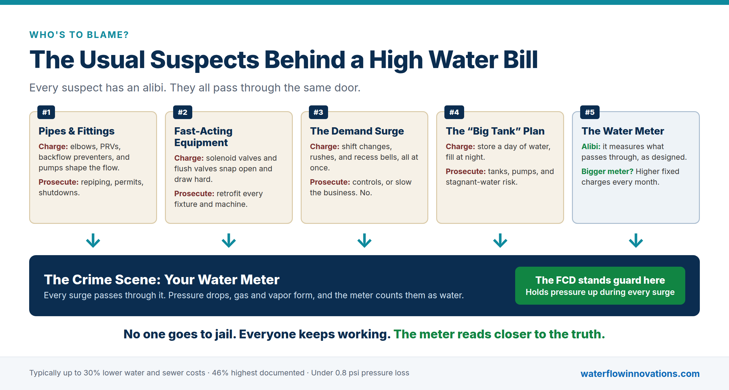 usual-suspects-high-water-bill Infographic of five suspects behind a high water bill: pipes and fittings, fast-acting equipment, the demand surge, a big storage tank plan, and the water meter. Arrows from each point to the crime scene, the water meter, where the FCD holds pressure up during every surge.